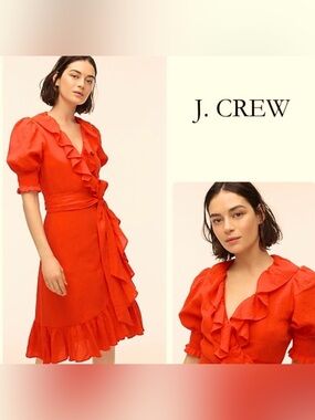 J. Crew Dress Womens Red Ruffle Wrap Midi Classic Puff Sleeve Lined Cotton 
Sz S